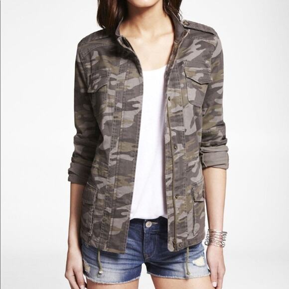 Express Womens Small S Camo Zip Front Jacket Green Cotton Cinch Waist Zip Cuff - Picture 13 of 13